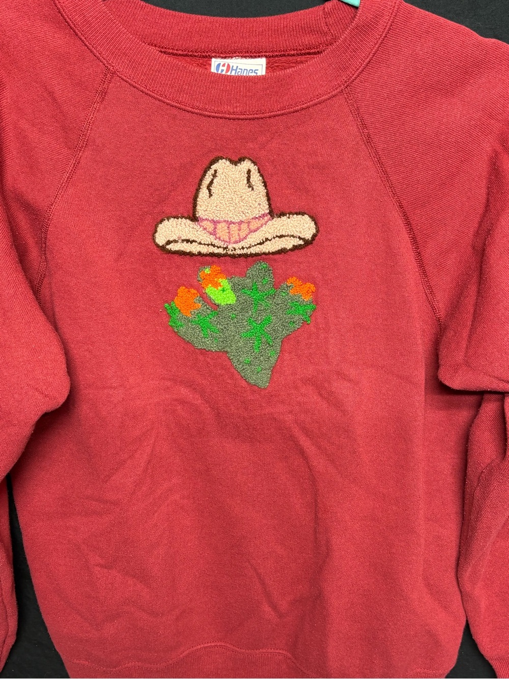 Vtg 90s Hanes Maroon Southwest Sweatshirt Small USA Made Tufted Cactus